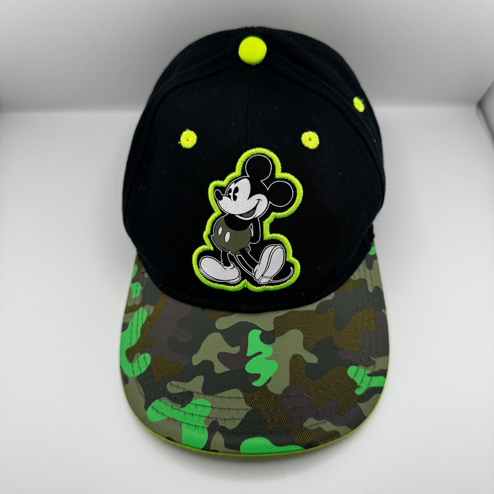 Disney Mickey Mouse Hat Kids OSFM Black Neon Green Camo Good Adjustable Cap - Picture 2 of 8